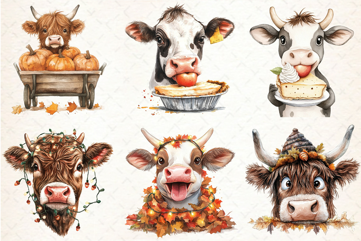 Autumn Funny Highland Cow Clipart, an Illustration by Libby Wishes (Photo 3 of 5)