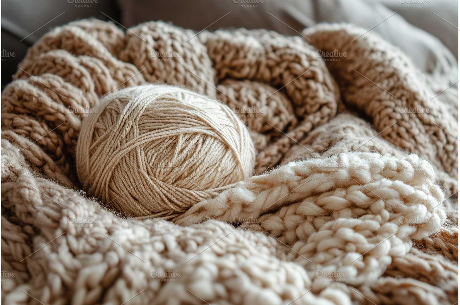 Cozy Beige Wool Yarn on Knitted, a Background Photo by Lermont51