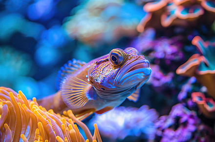 Jawfish in aquarium with blue water and corals, an Animal Photo by AlyaAnd