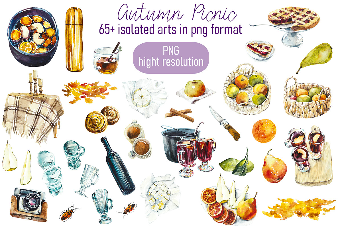 Watercolor Autumn Picnic, a Food Illustration by Budogoshch (Photo 3 of 10)
