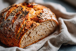 Freshly baked grain sourdough bread with seeds on a linen cloth in natural ligh, a Food & Drink Photo by AlyaAnd