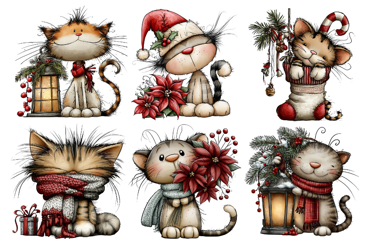 Christmas Whimsical Cat Clipart, a Seasonal Illustration by Creative Art (Photo 4 of 7)