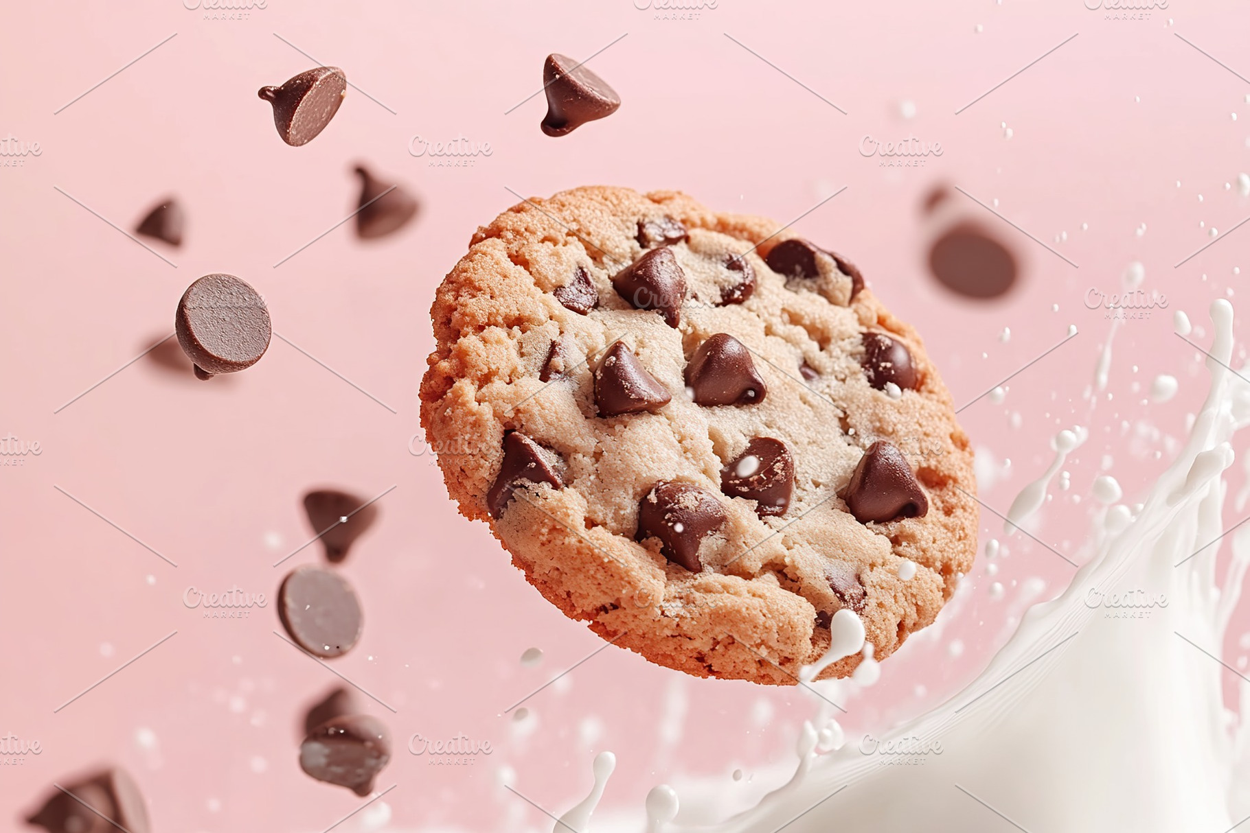 Chocolate cookie falling into white milk, a Food & Drink Photo by AlyaAnd
