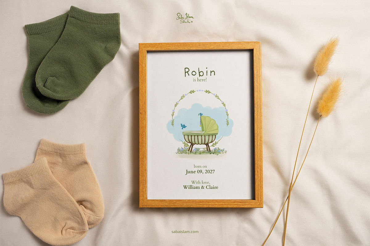 Whimsical Green Birth Announcement, a Card Template by SabaIslam.Studio (Photo 4 of 7)