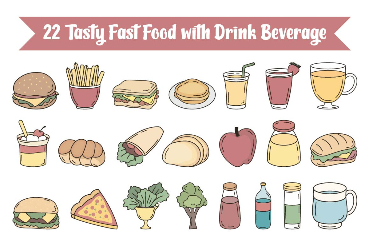 22 Tasty Fast Food with Drink, a Food Illustration by jongcreative (Photo 1 of 5)