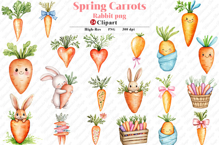 Spring Carrots Rabbit Clipart, an Illustration by Watercolor design