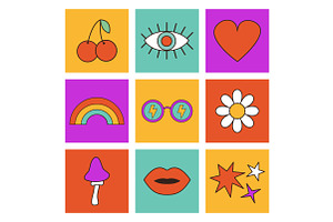 Cute Groovy Retro Icon Set