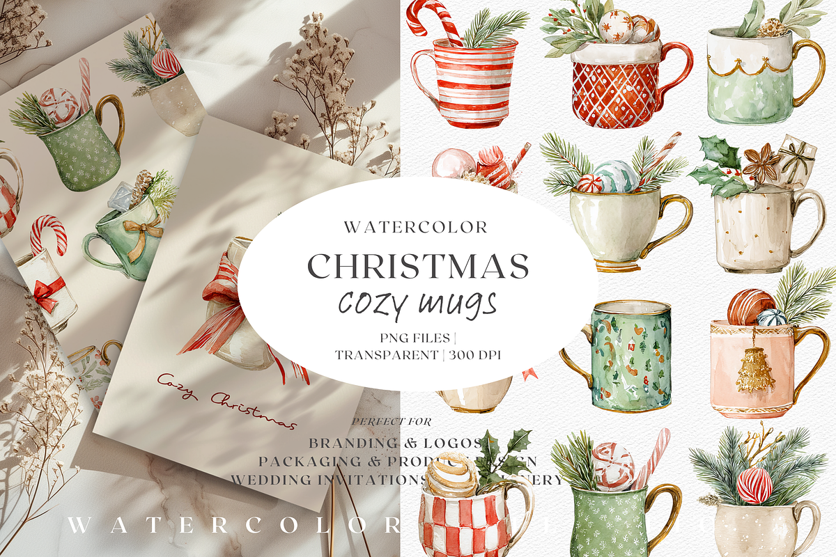 Watercolor Christmas Mugs, a Decorative Illustration by ThaismotaCreativeCo (Photo 1 of 8)