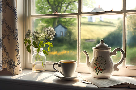 Sunny morning in the English countryside, cup of tea by the wind, a Food & Drink Photo by Anneleven