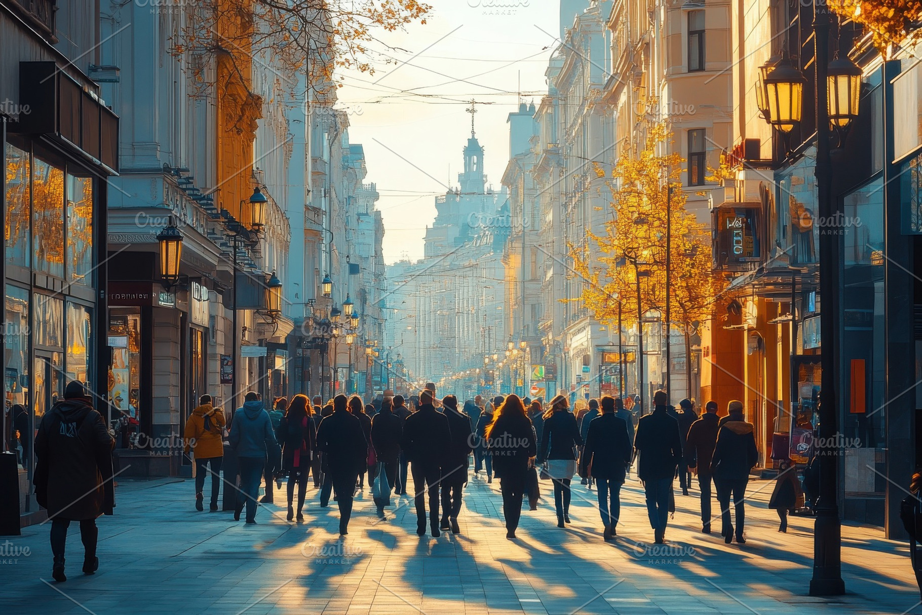 Golden Hour City Street Stroll Peopl, a Photo by Pixeness Studio
