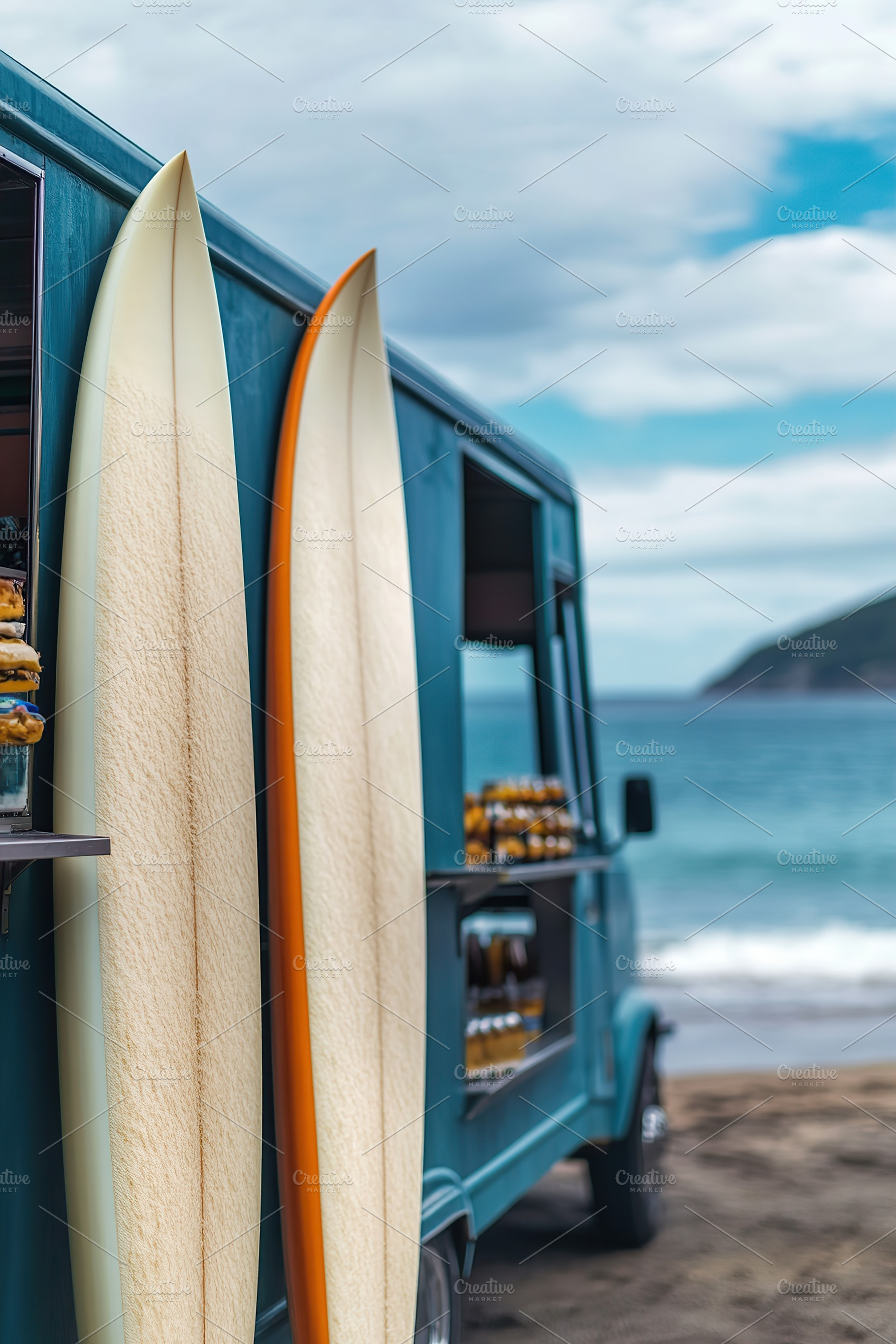 Truck parked near the beach with surfboards ready for a day of fun in the sun, an Arts & Entertainment Photo by AlyaAnd