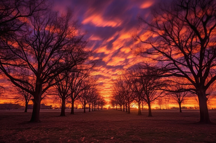 The shot balances the silhouettes of bare trees against the vibr, a Nature Photo by designvectx