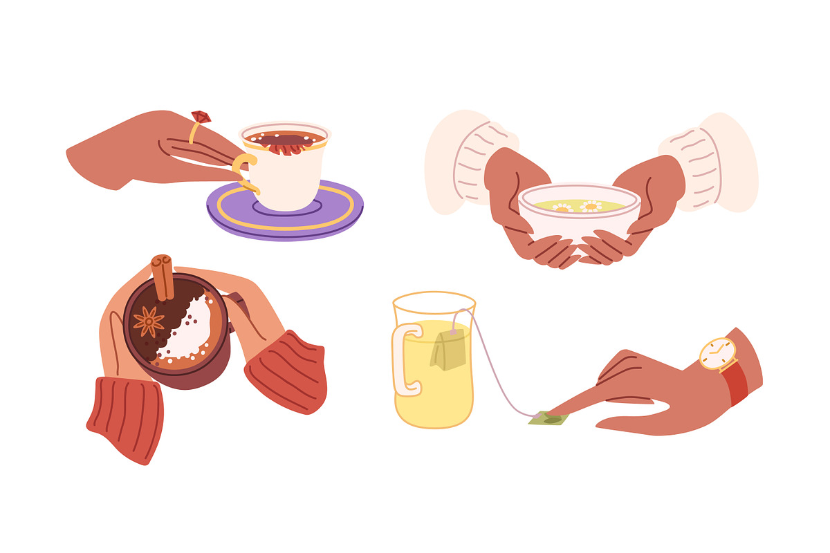 Hands holding cups of tea and coffee, a Food Illustration by Good Studio (Photo 2 of 6)