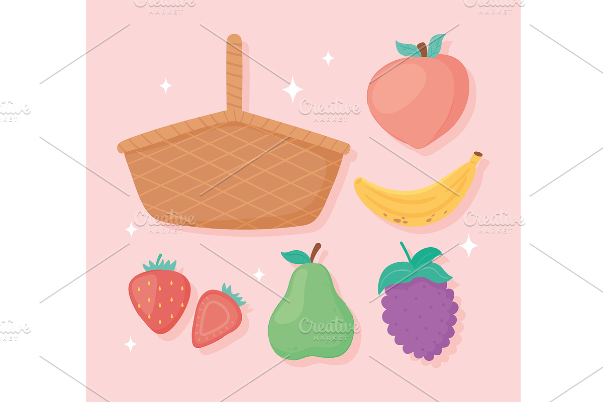 icons basket and fruits, a Food Illustration by studiogstock