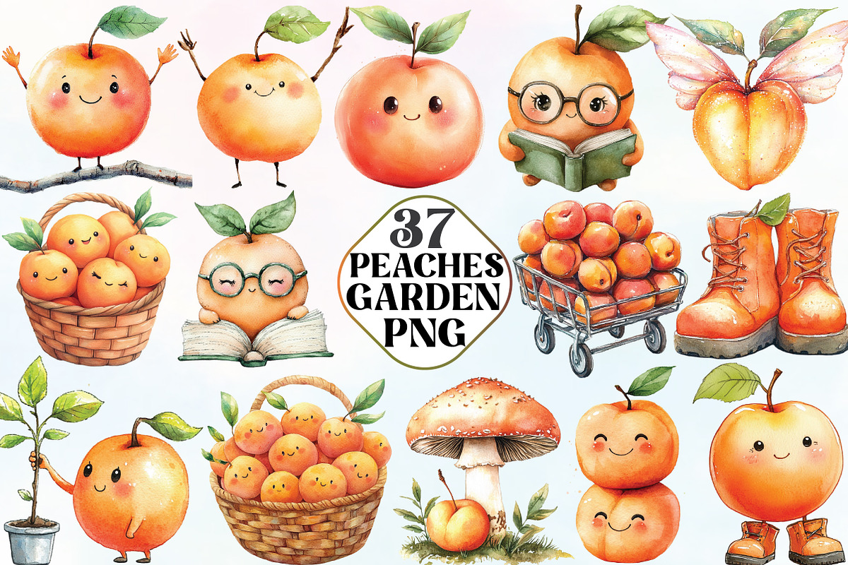 Watercolor Cute Peaches Garden Fruit, an Illustration by CraftArtStudio (Photo 1 of 6)