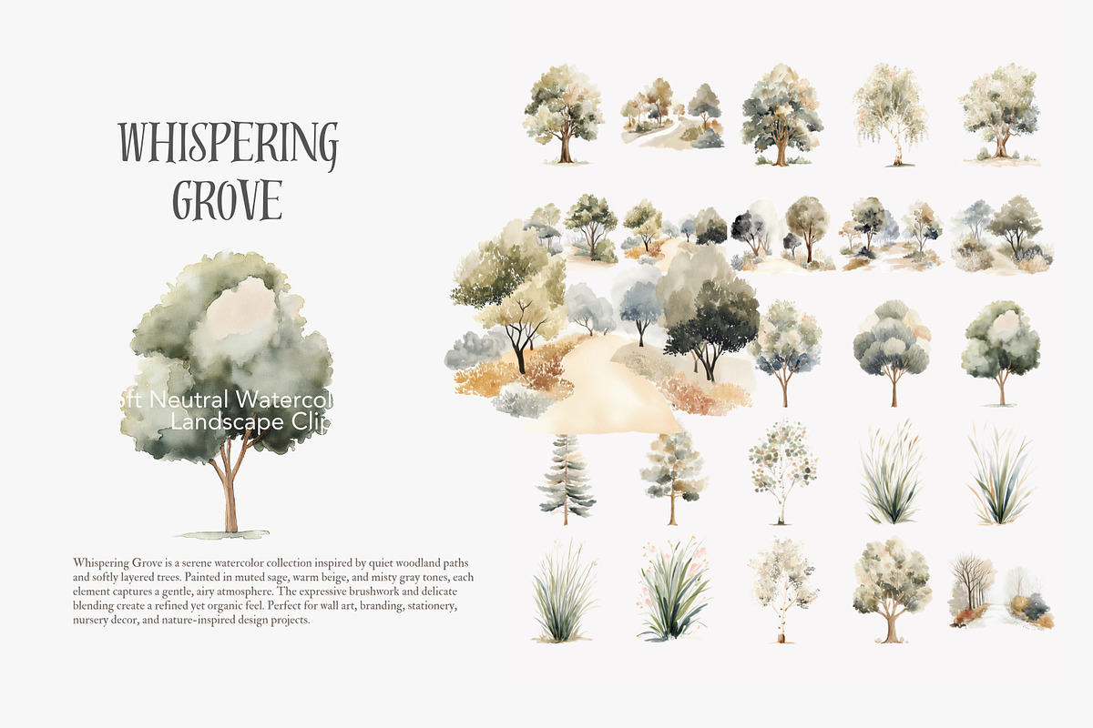 Neutral watercolor tree clipart set, a Decorative Illustration by Patishop Art (Photo 7 of 8)