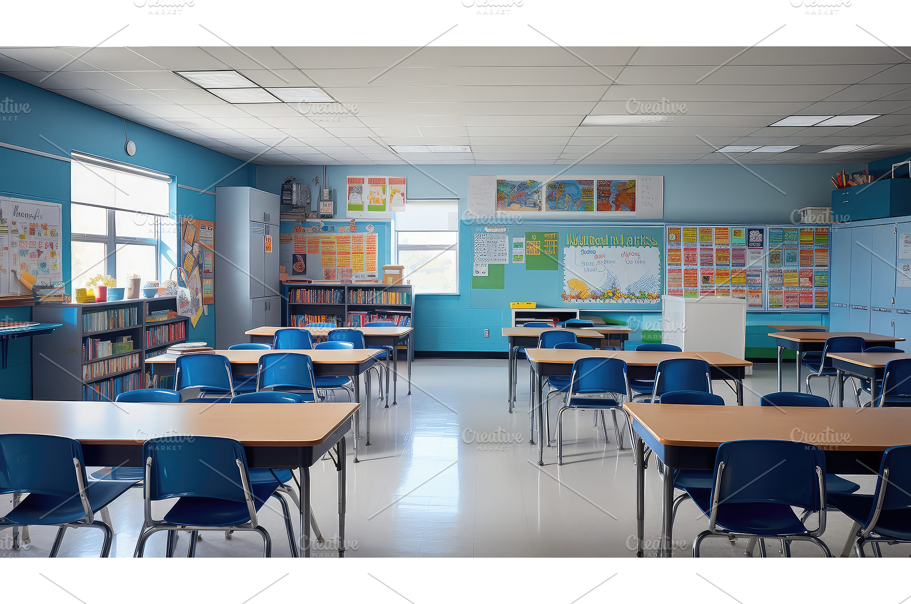 desks school blue ai generated, a School & Education Photo by pikepicture