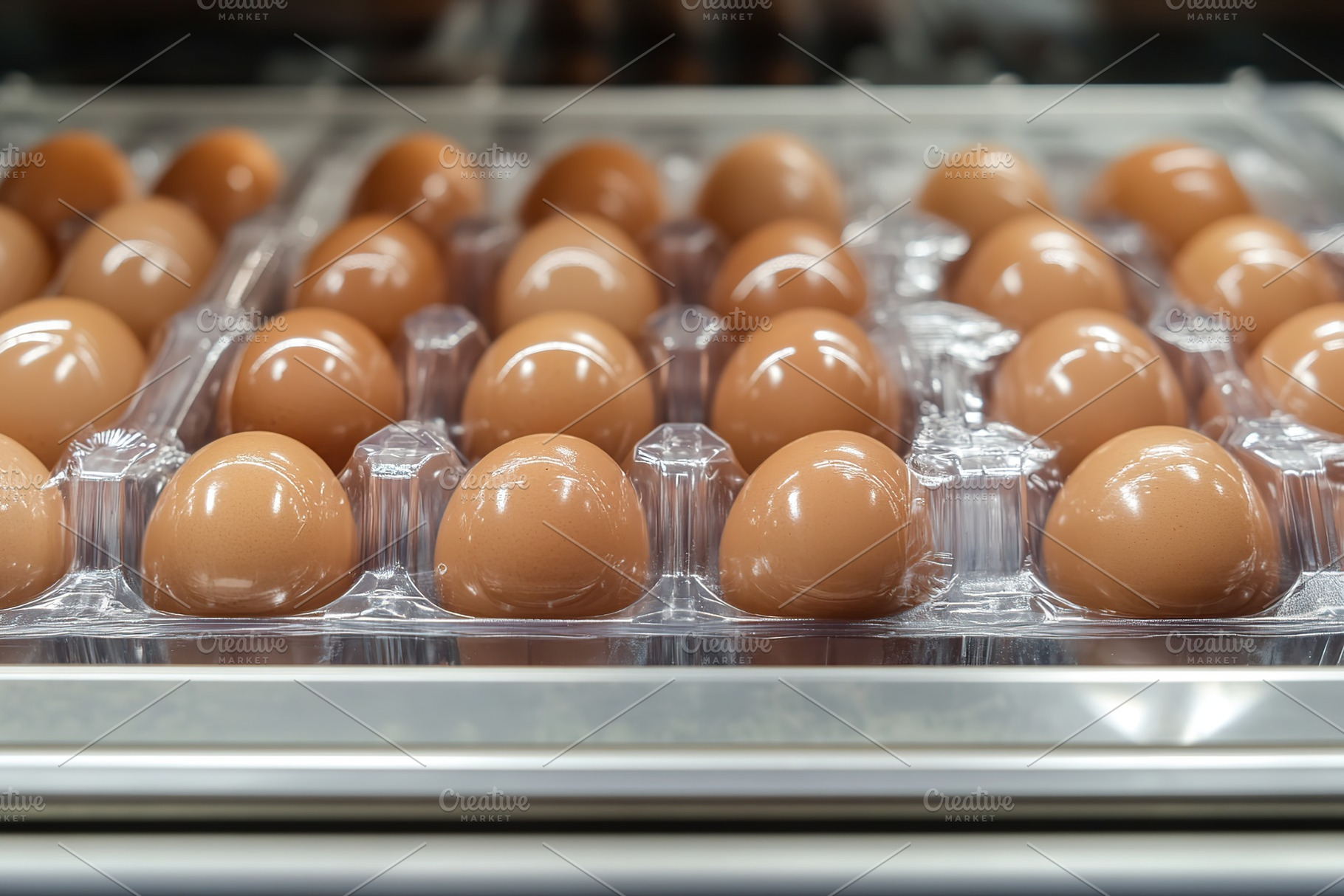 Brown eggs arranged neatly in rows in a packaging facility ready for distributi, a Food & Drink Photo by AlyaAnd
