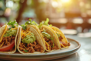 Vegetarian tacos with guacamole, cheese and tomatoes on a plate, a Food & Drink Photo by AlyaAnd