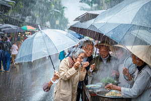 Senior asian tourists gathered around a street food stall in a t, a Person Photo by DanFLCreativo