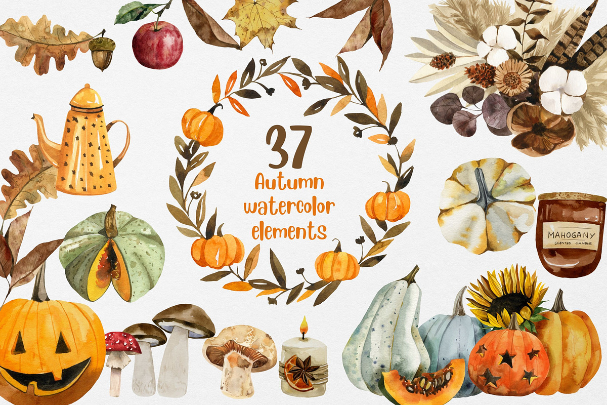 Autumn watercolor clipart pumpkins, an Animal Illustration by Artcard Watercolor (Photo 1 of 15)
