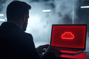 Programmer working on laptop after hack attack, cloud drive symbol, a Technology Photo by AlyaAnd