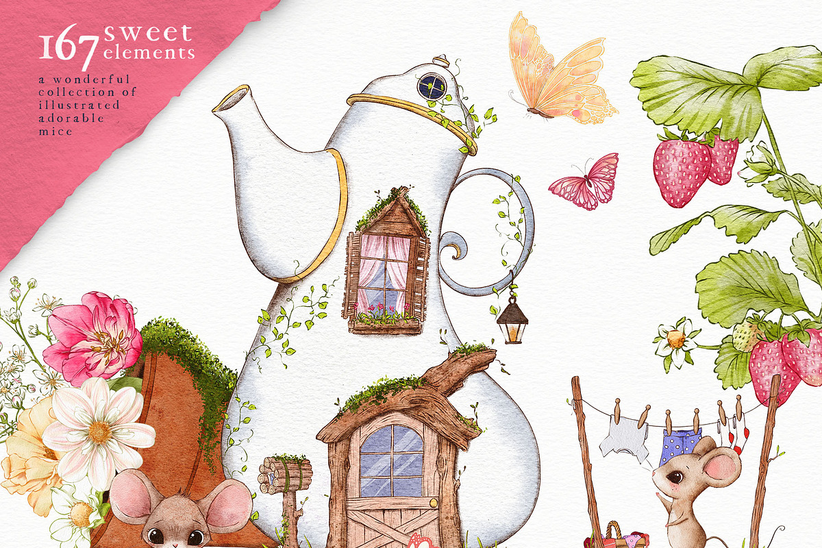 Cute Mice & Friends Clipart Set, an Animal Illustration by Pretty Little Lines (Photo 3 of 13)