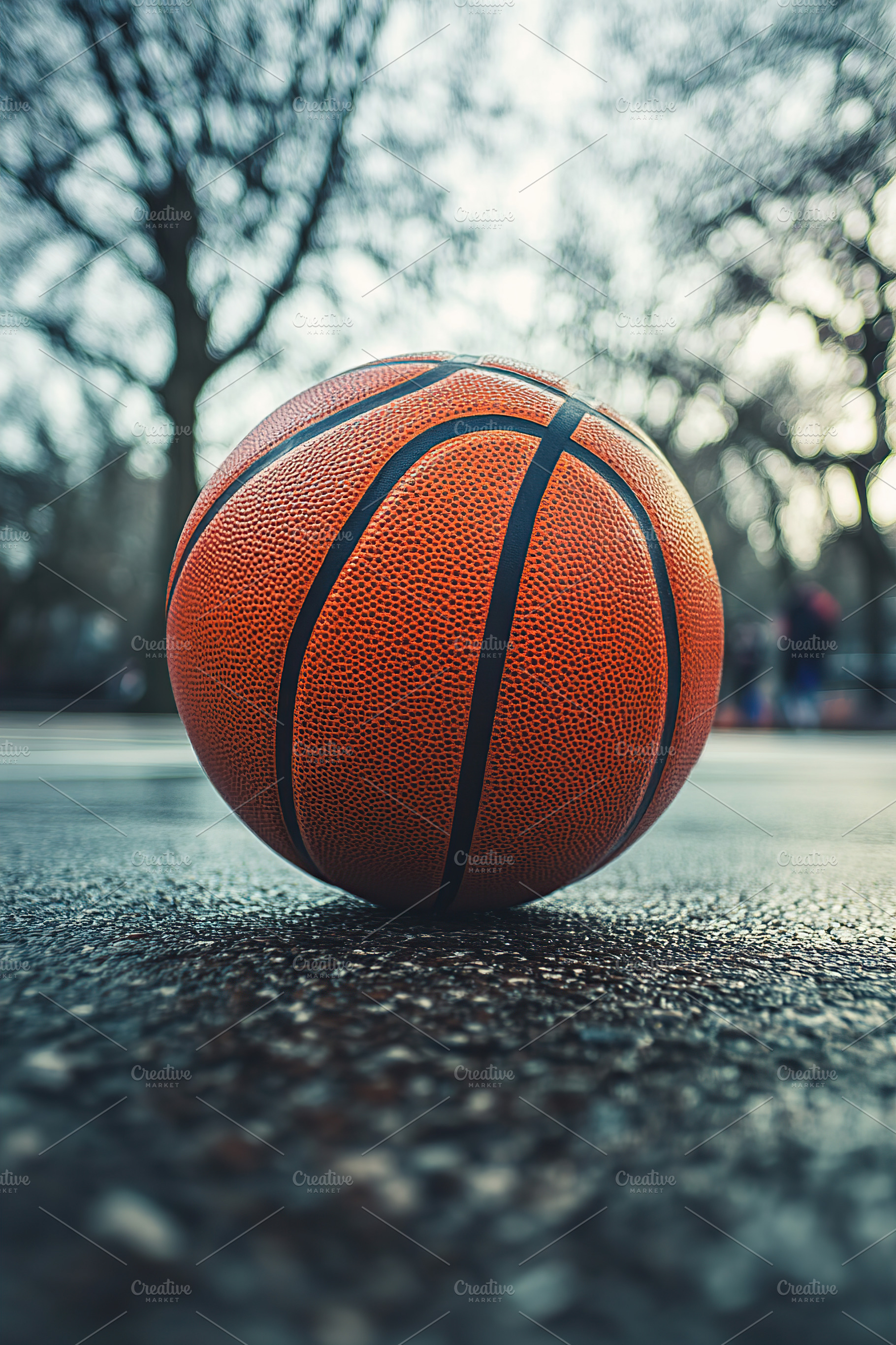 Basketball resting on a wet court during an overcast afternoon, a Sports & Recreation Photo by AlyaAnd
