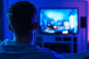 Rear view on a young man watching TV, a Person Photo by MistyDay