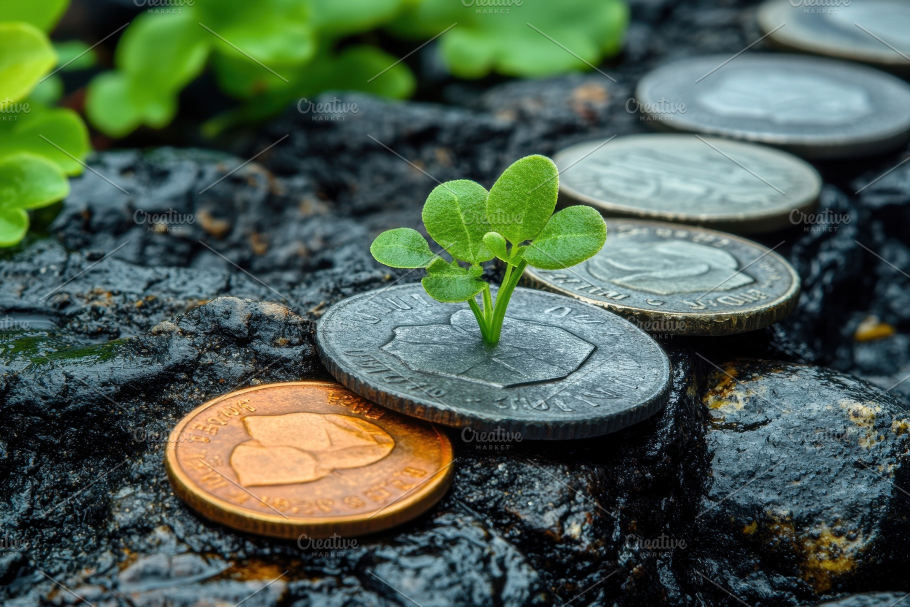 Small green plant growing between di, a Photo by Tanuart