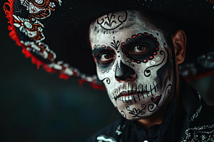 Portrait of handsome guy with sugar skull makeup, parade in Mexico city, makeup, a Person Photo by AlyaAnd