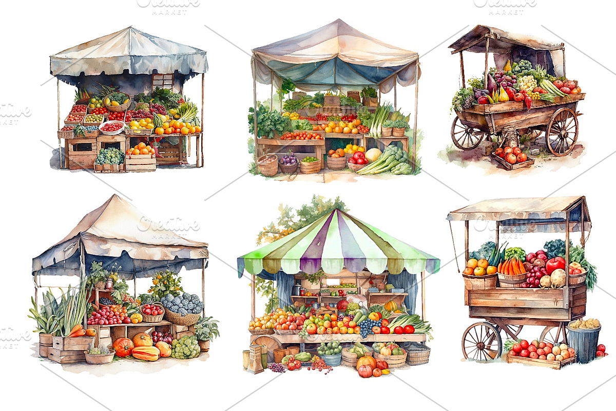 Farmer's market, watercolor clipart, a Food Illustration by AkvarelRiver (Photo 3 of 7)