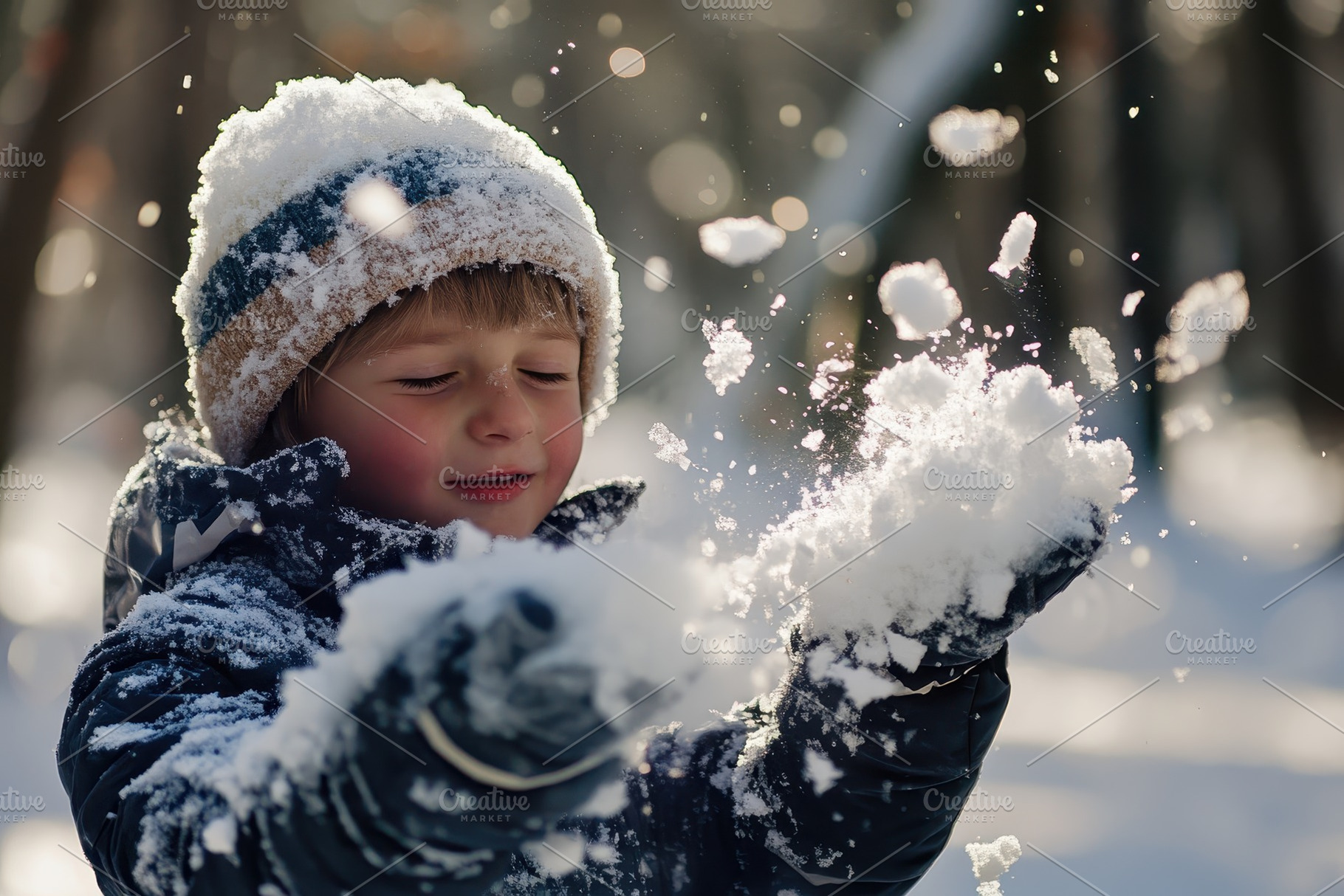 Child playing with snow in a forest, a Photo by Iftikhar Alam