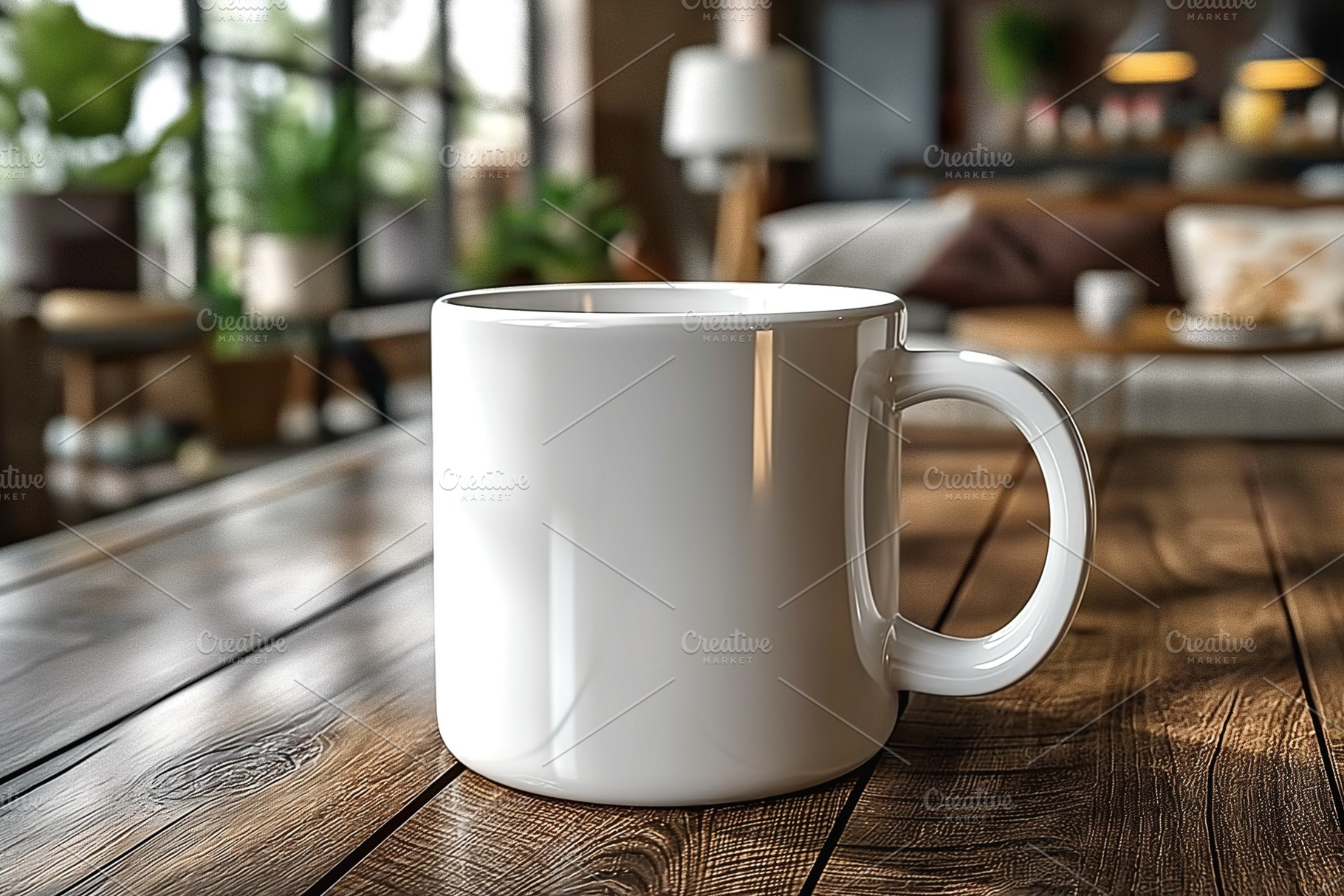 A clean white coffee mug sits on a wooden table, surrounded by a cozy, well-lit, a Background Photo by ImageMir