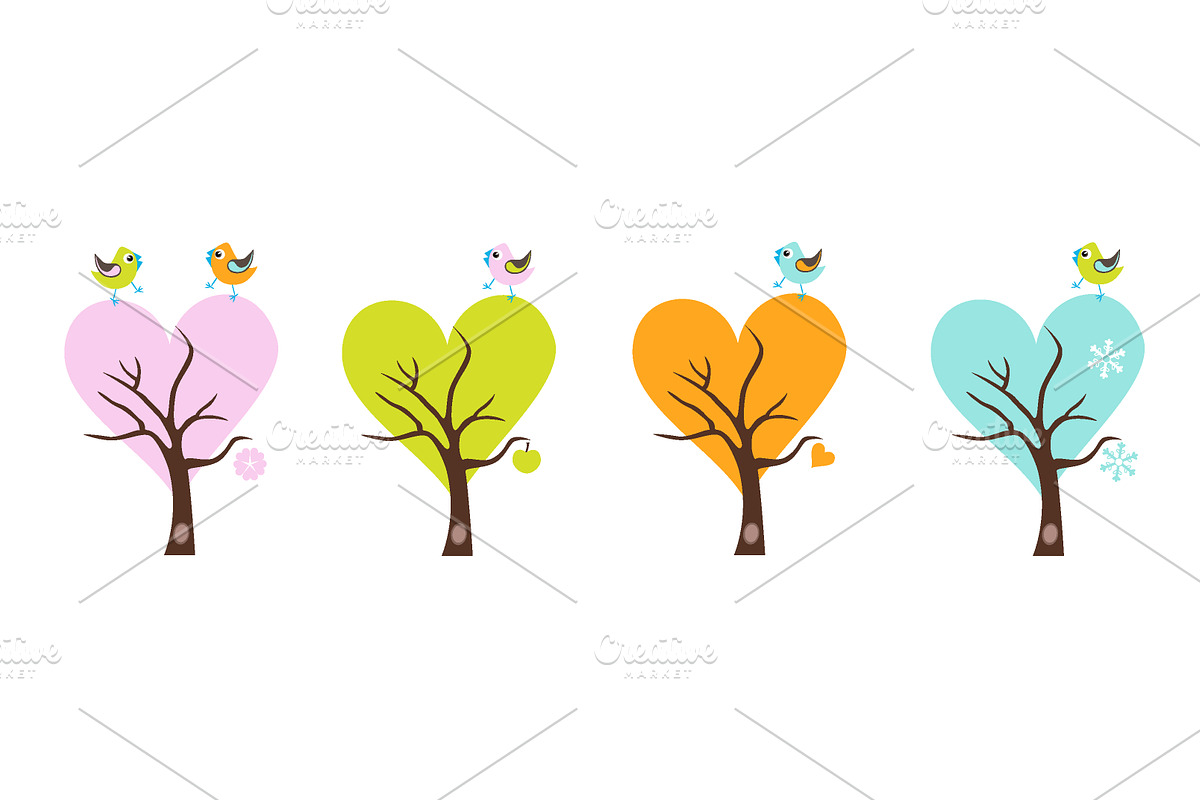 Four season trees with singing birds, an Animal Illustration by kaskadesign