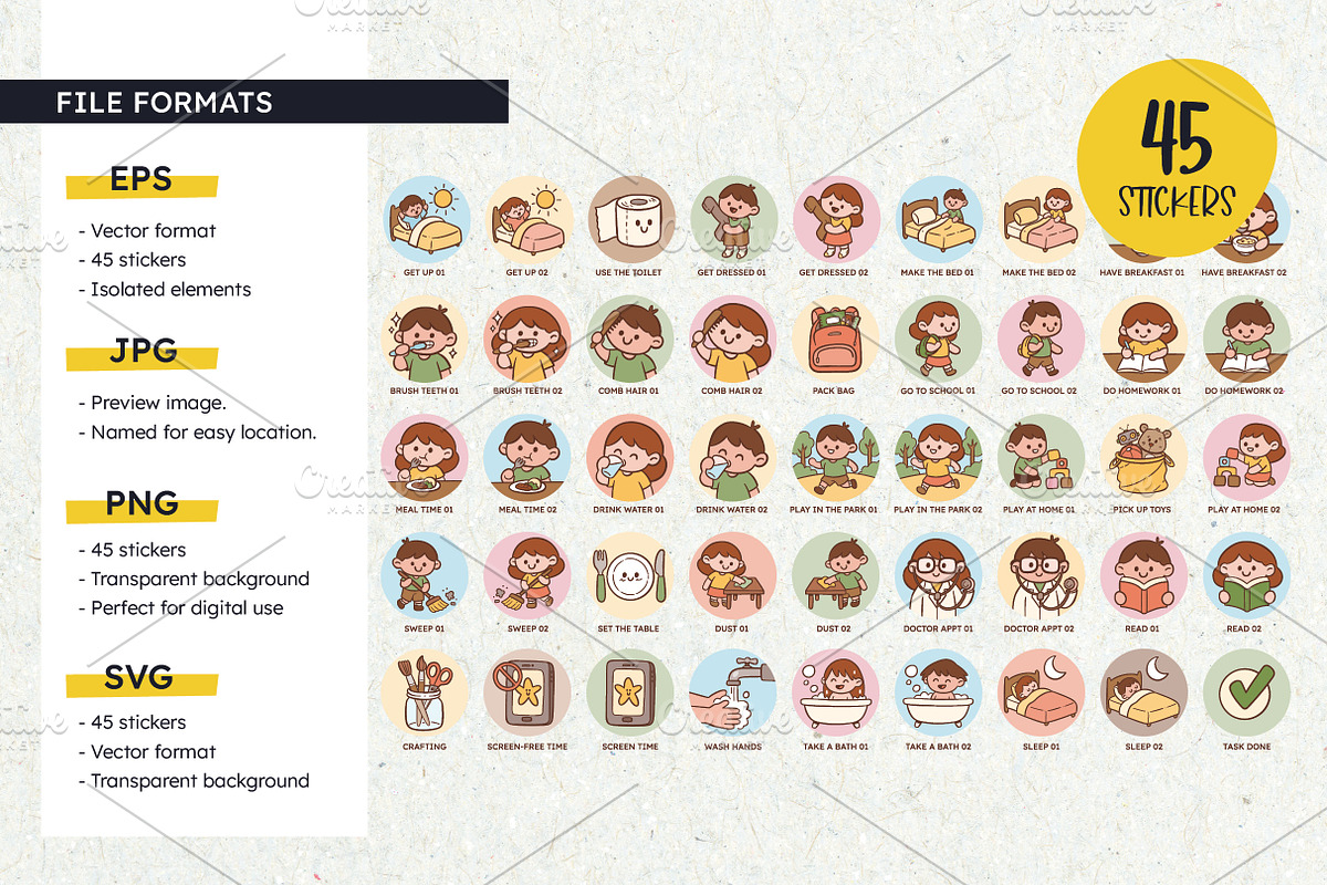 Kids Daily Routine Sticker Set, an Education Illustration by insemar (Photo 3 of 4)