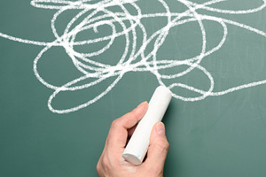 A hand draws random lines with white chalk on a green board, an Abstract Photo by ndanko