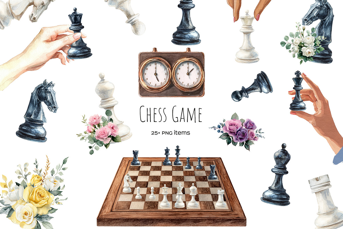 Watercolor chess game clipart, an Object Illustration by Art and Funny (Photo 1 of 8)