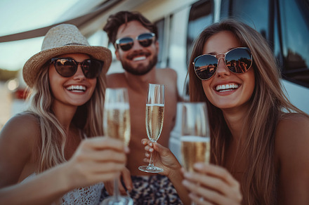 Friends celebrating with champagne at a sunny RV park during a summer afternoon, a Person Photo by Beautiful things