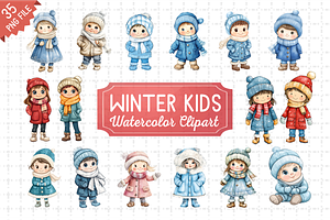 Kids in Winter Watercolor Bundle PNG