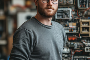 A young man Printed Circuit Board Design Engineer with glasses and a beard stan, a Person Photo by Textures & Backgrounds