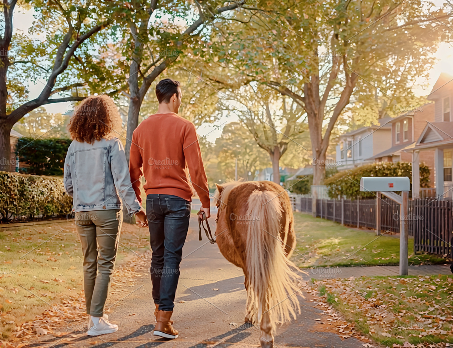 Adult couple walking pony outdoors in autumn neighborhood, a Person Photo by DanFLCreativo
