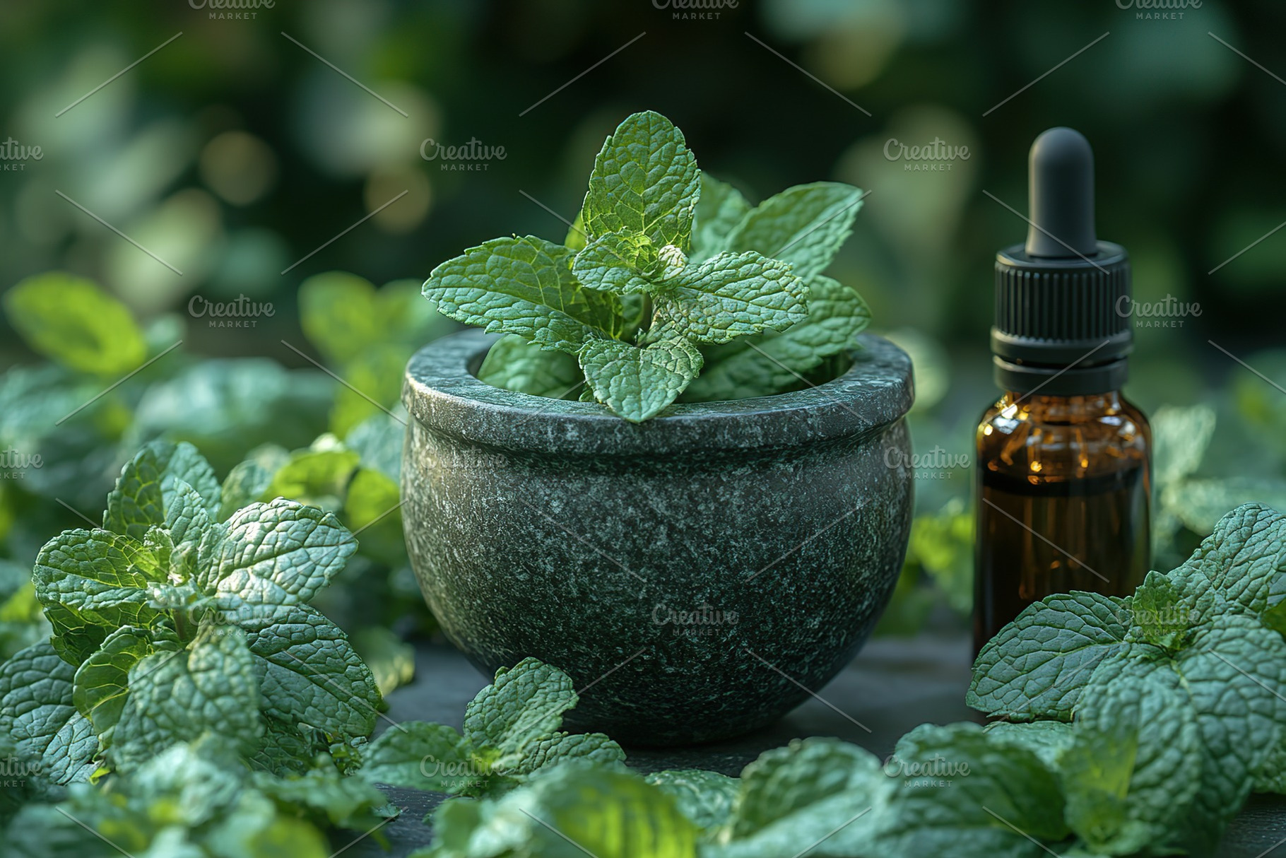 Small bottle of mint essential oil with mint leaves in mortar, a Food & Drink Photo by AlyaAnd
