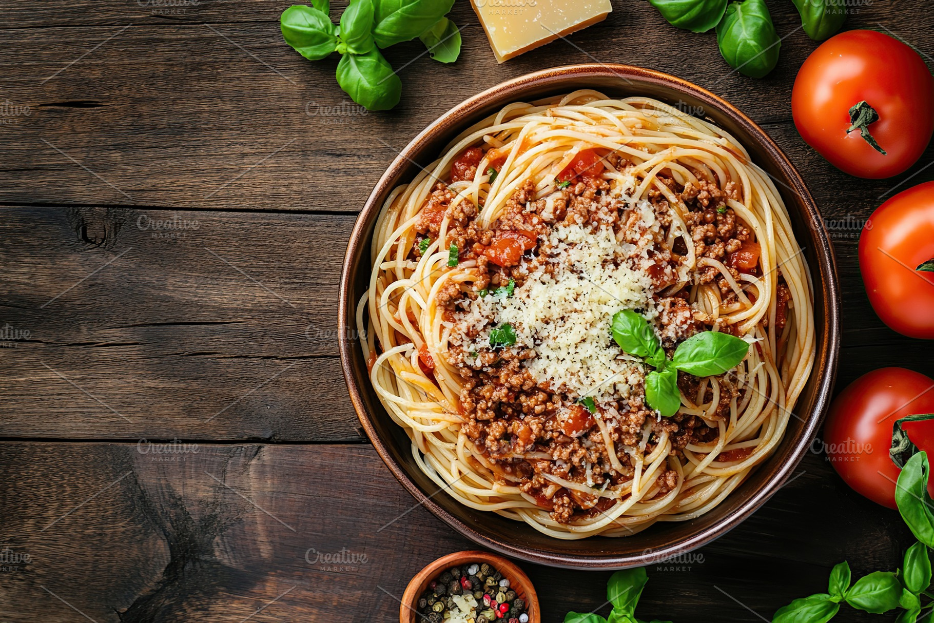 Spaghetti bolognese with ground beef in plate, a Food & Drink Photo by AlyaAnd