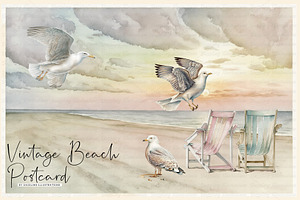 Vintage Beach Postcard with Seagulls