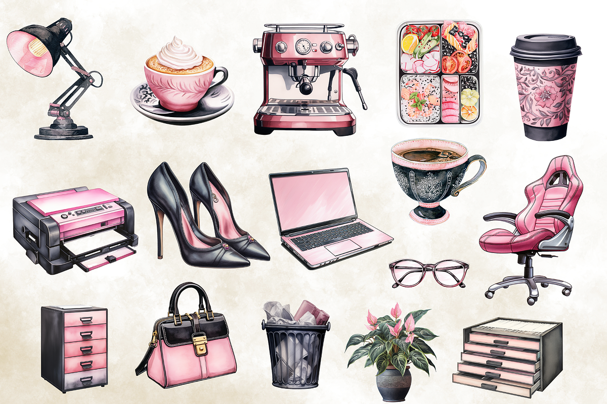 Black and Pink Office Clipart, an Illustration by NadiaTheronArt (Photo 2 of 5)