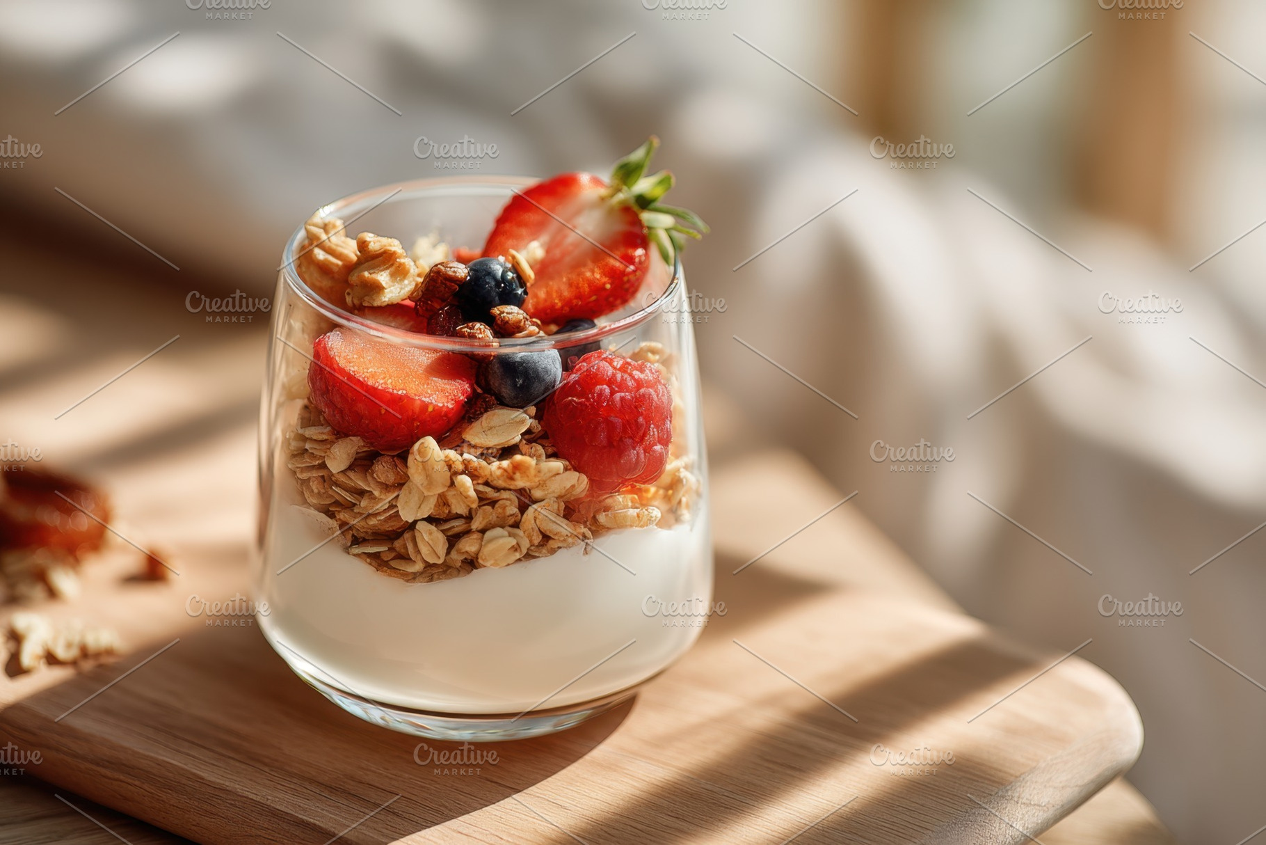 Yogurt parfait with granola and fresh berries, a Food & Drink Photo by AlyaAnd