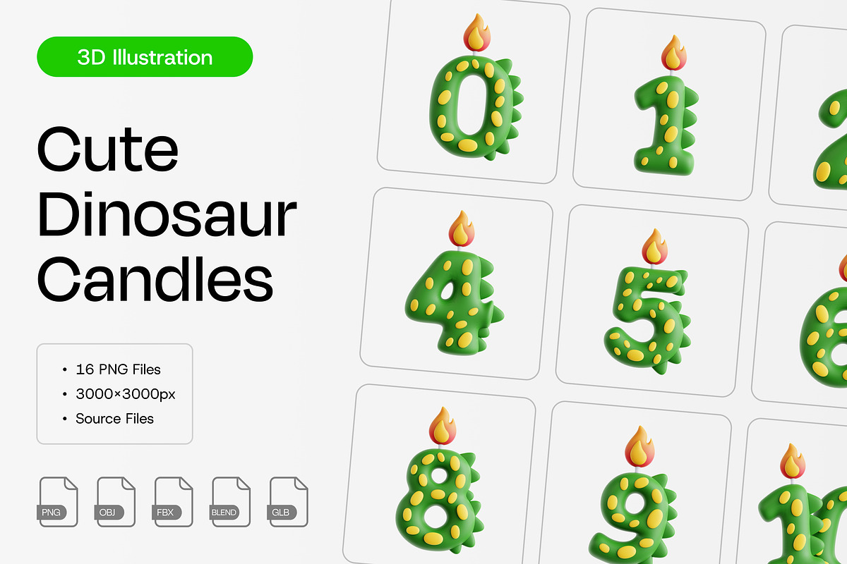 Cute Dinosaur Candles 3D Icon Set, an Animal 3D Model by Eklip Studio (Photo 1 of 2)