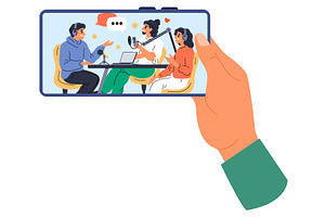 Hand holding smartphone with podcast, a Technology Illustration by Vectorbuum