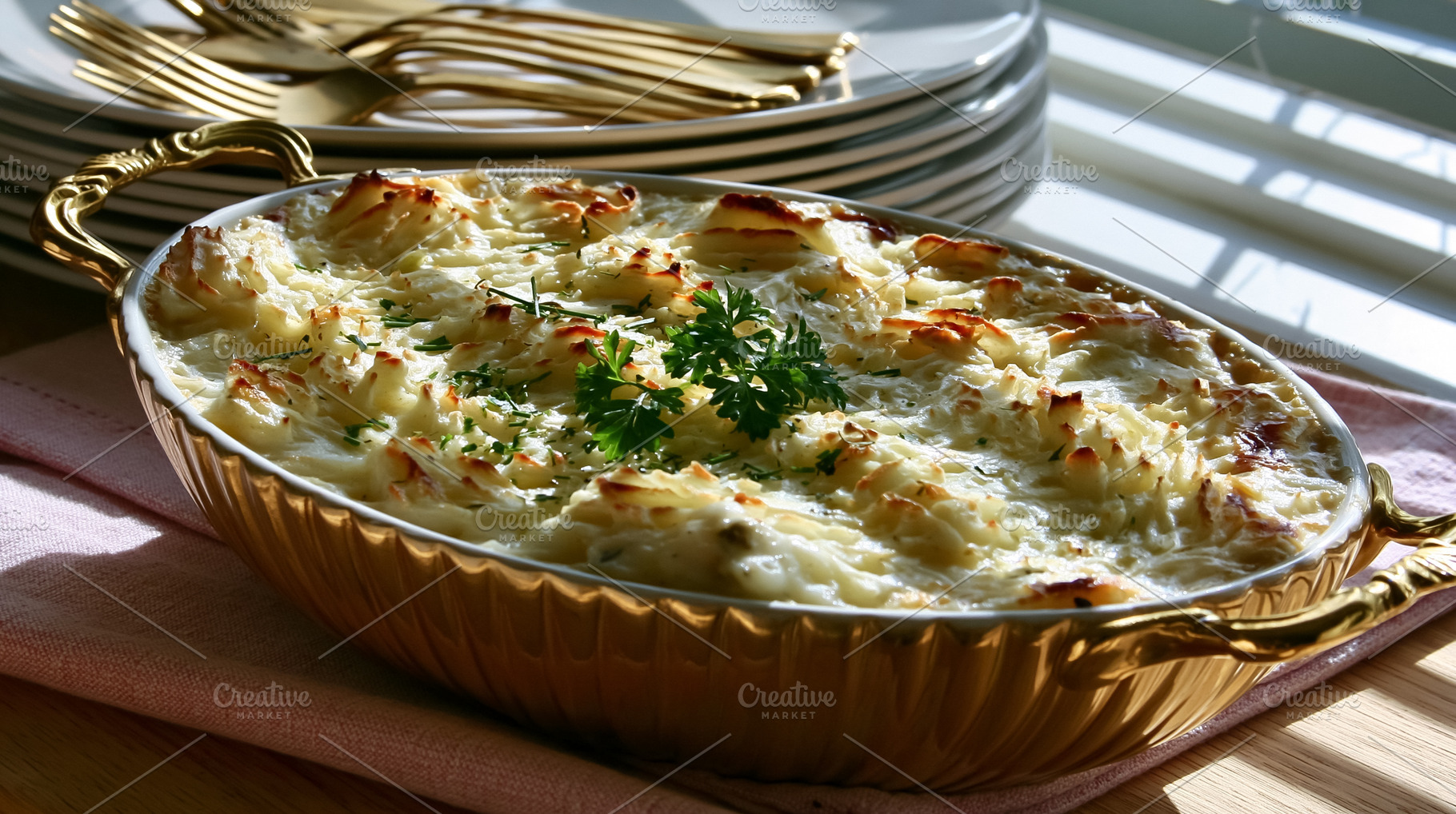 Shepherd's pie with a golden potato crust and fresh parsley, served in a decora, a Photo by Studio ANNA